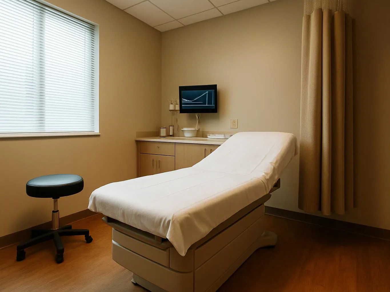 An empty exam room shows a paper-covered treatment bed, stool, window blinds, and a wall monitor