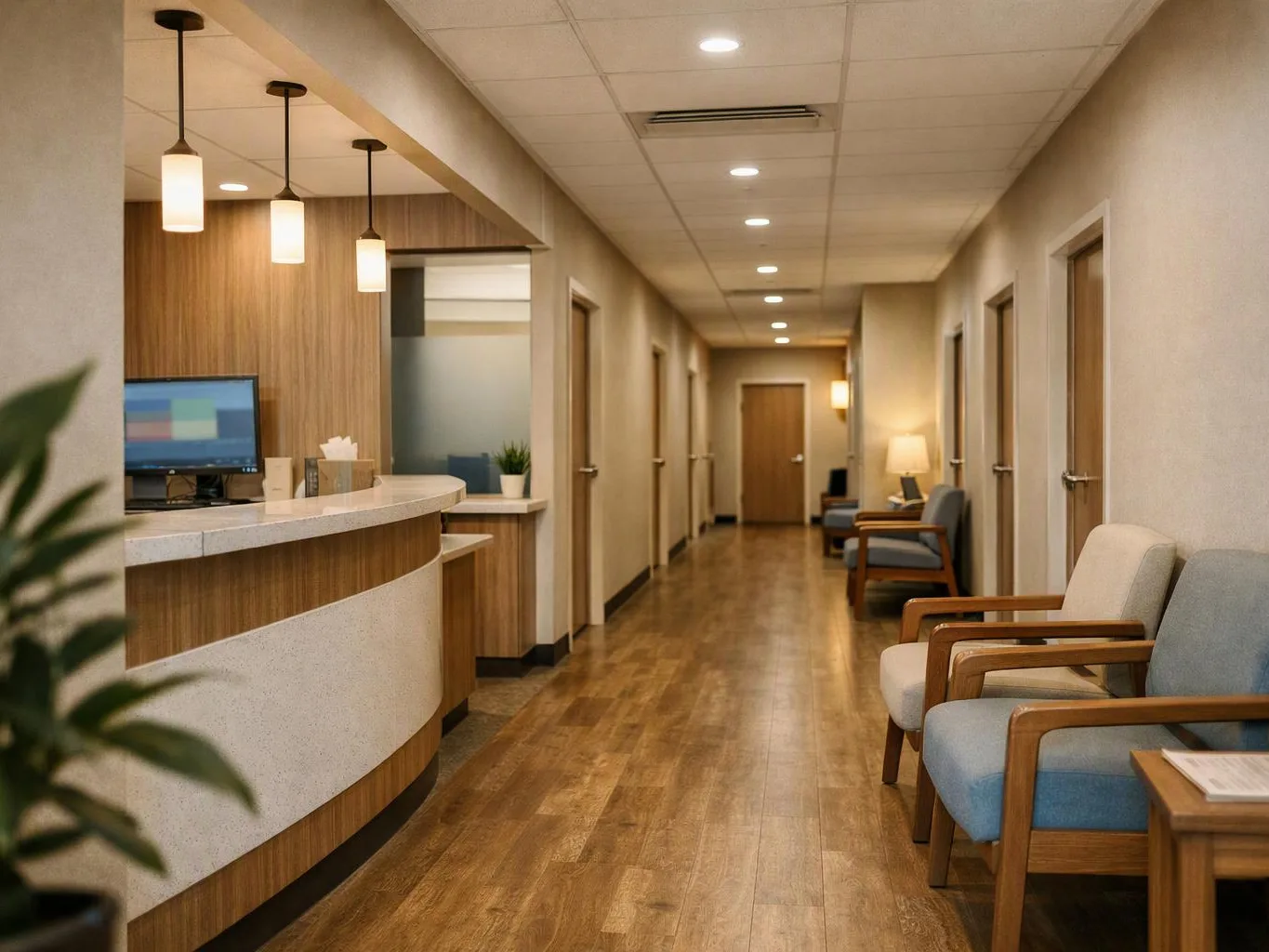 Empty medical reception hallway with curved desk, waiting chairs, wood floors, and closed doors