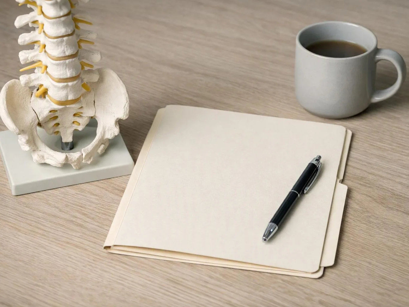 An empty notebook with a pen sits beside a coffee mug and spine model on a wooden desk