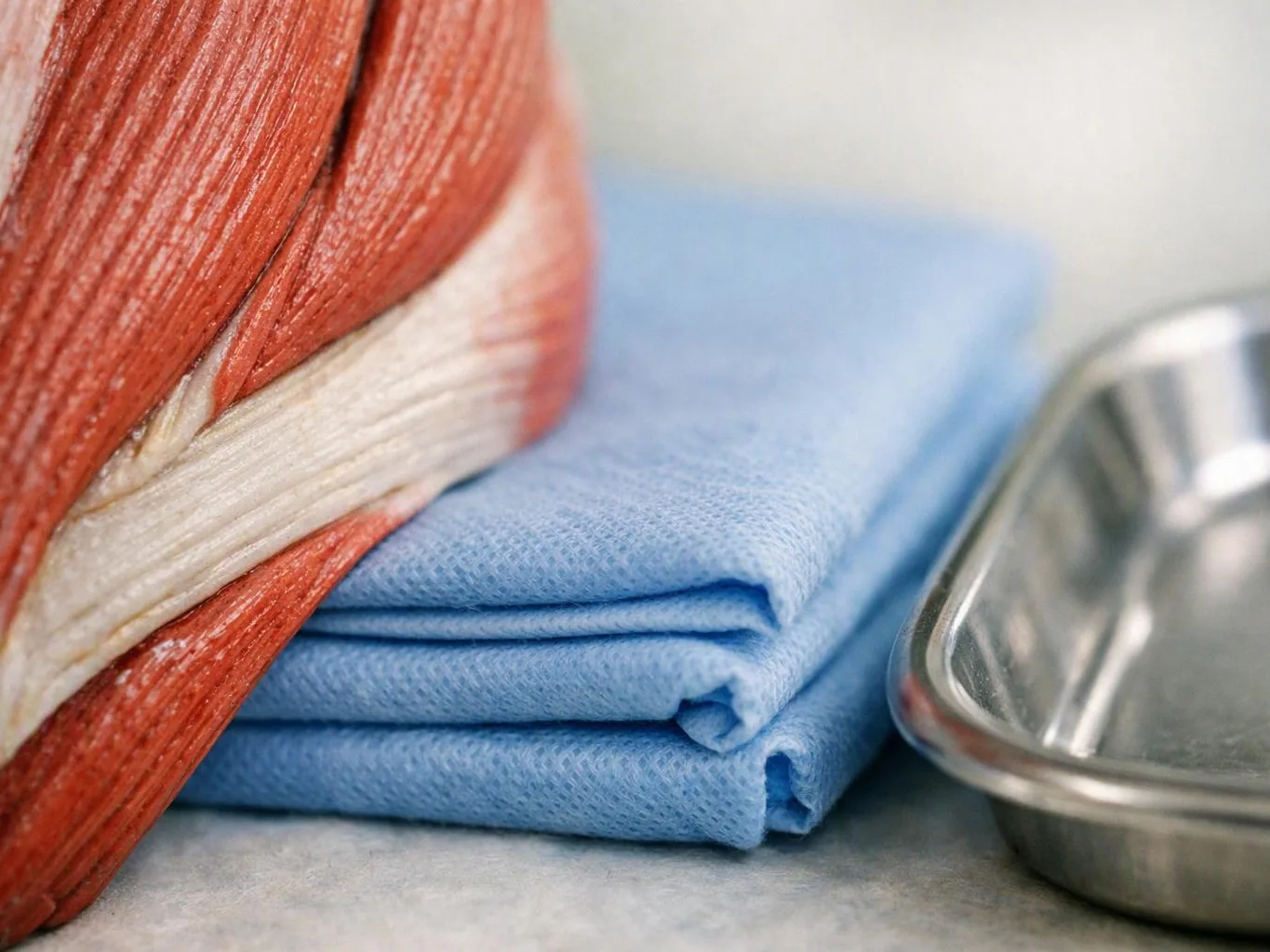 Folded blue surgical cloth sits beside a red-and-white wrapped item and a metal tray