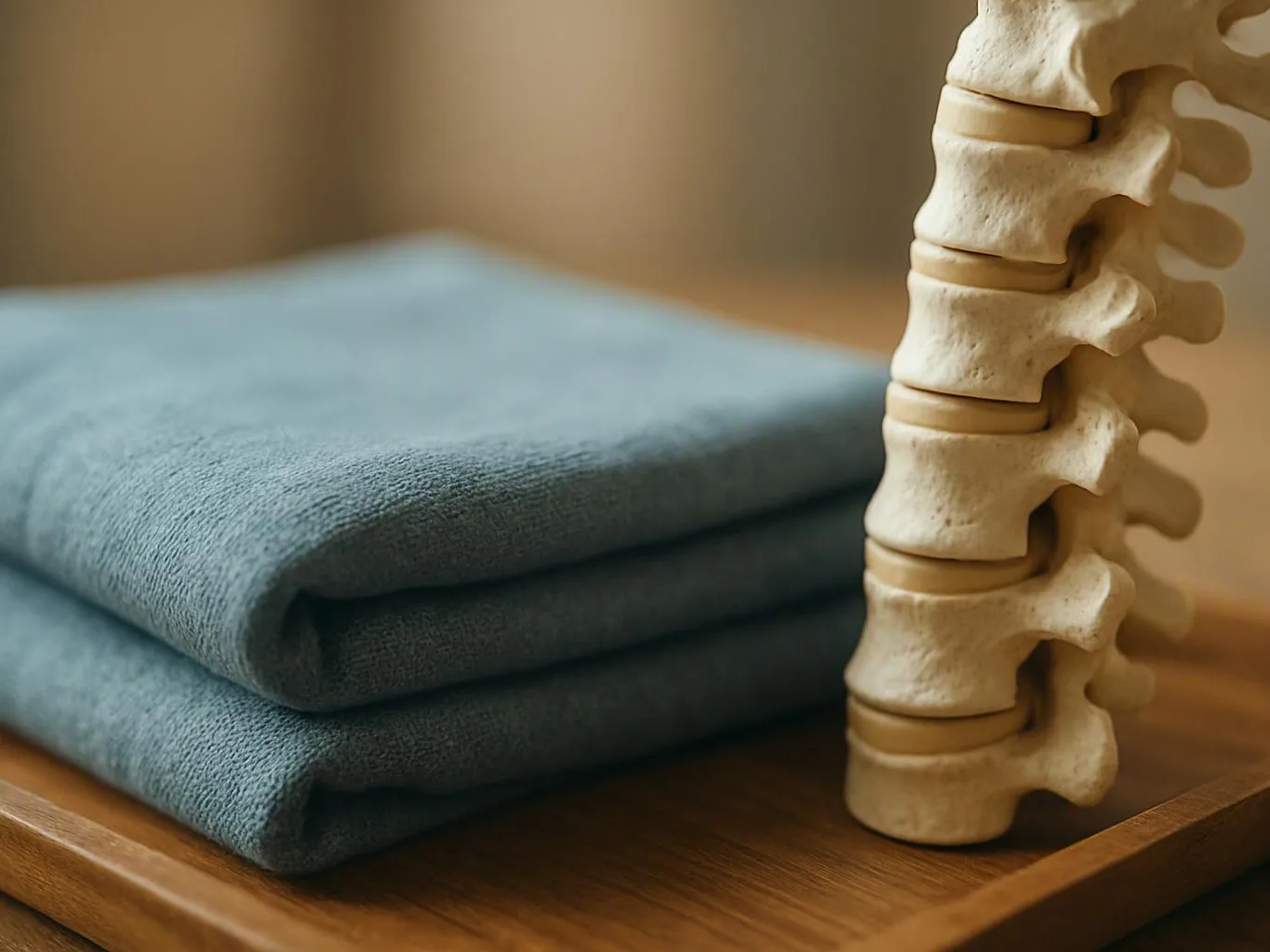 Folded blue towels sit beside a beige spine model on a wooden shelf