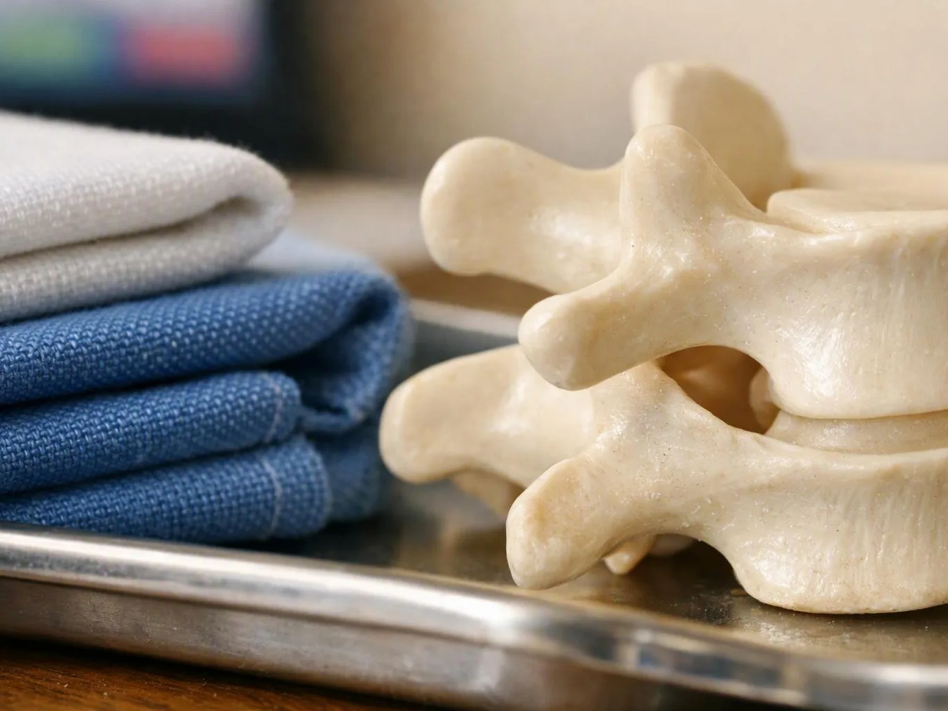 Folded towels sit beside a plastic spine model on a metal tray