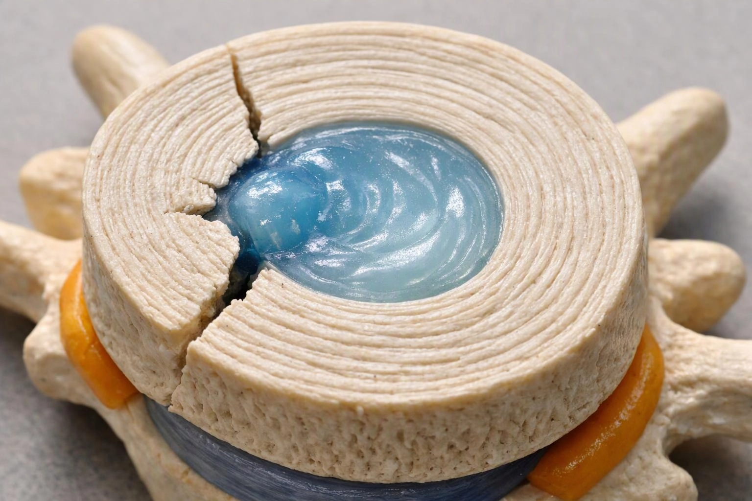 A cracked beige spiral shell or cookie holds a glossy blue center on a gray surface