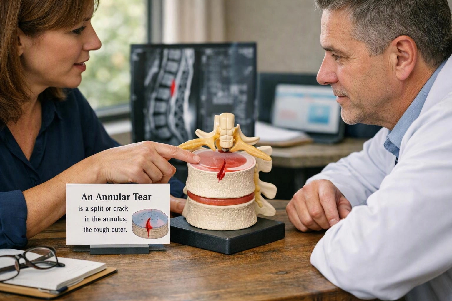 Two adults study a spine model on a desk, with a card about annular tears in a clinic office
