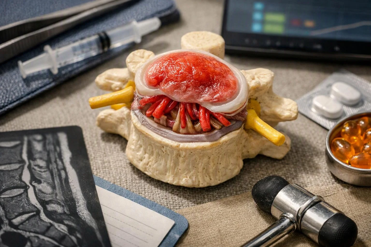 A medical model of a vertebra and spinal disc sits among pills, a syringe, and imaging printouts on a table