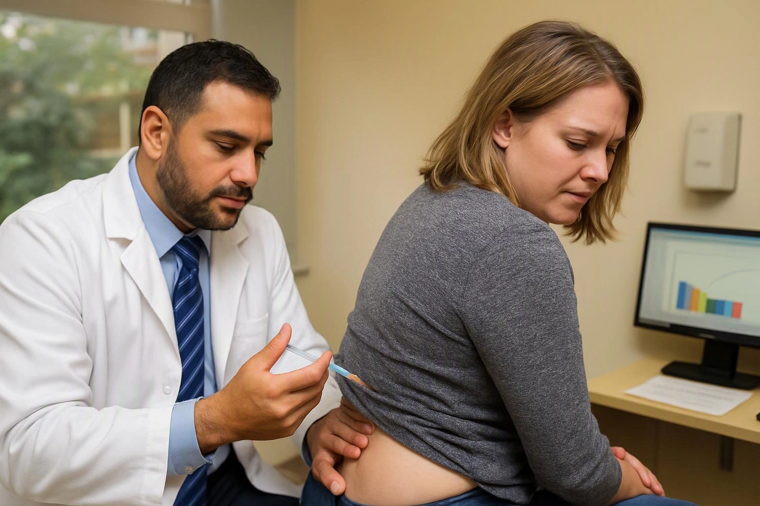 Doctor giving a woman an injection in her back inside a medical exam room