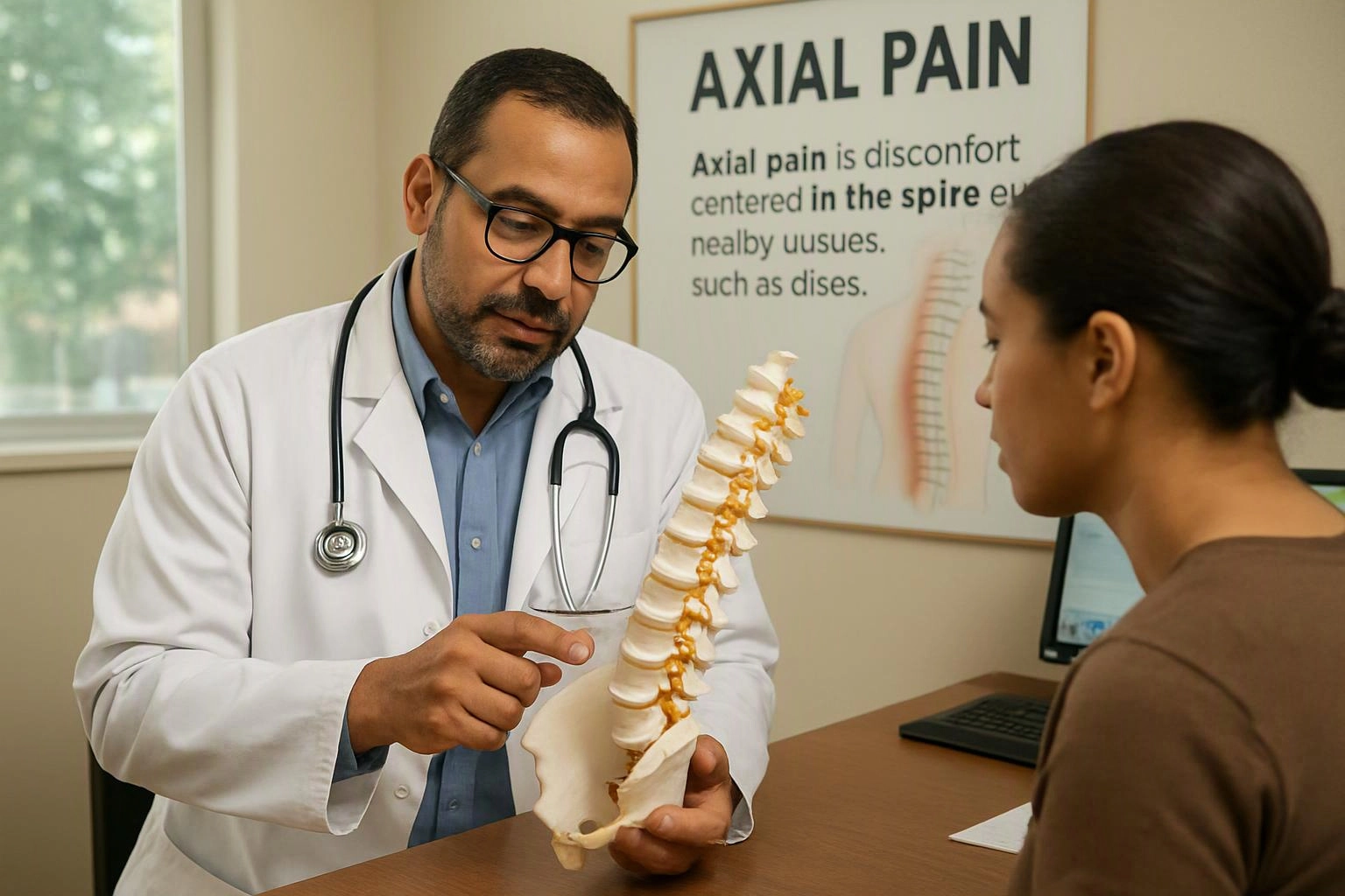 Doctor showing a spine model to a seated patient in a clinic office