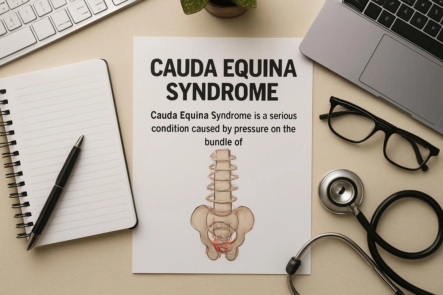 A medical flyer about cauda equina syndrome lies beside a notebook, laptop, glasses, and stethoscope on a desk