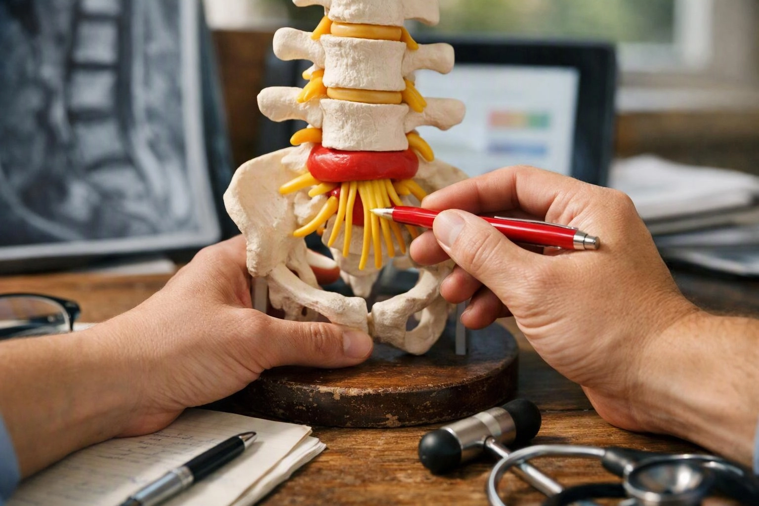 Hands hold a spine model while a red pen points at the lower back in a desk setting