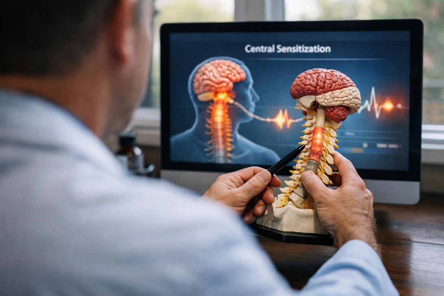 A person studies a spine and brain model while pointing at a medical diagram on a computer screen
