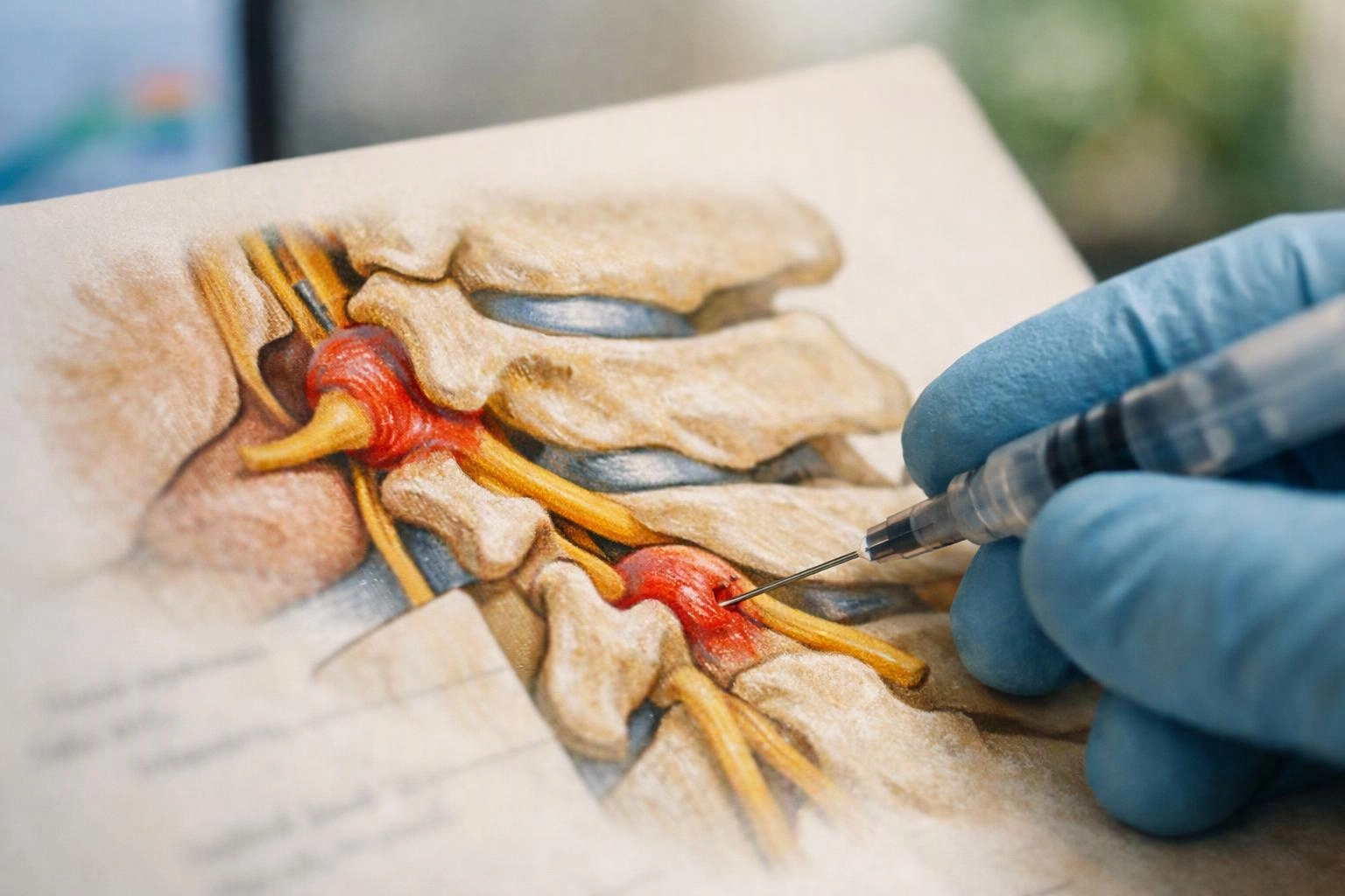 A gloved hand points a syringe at a medical illustration of spine nerves and vertebrae