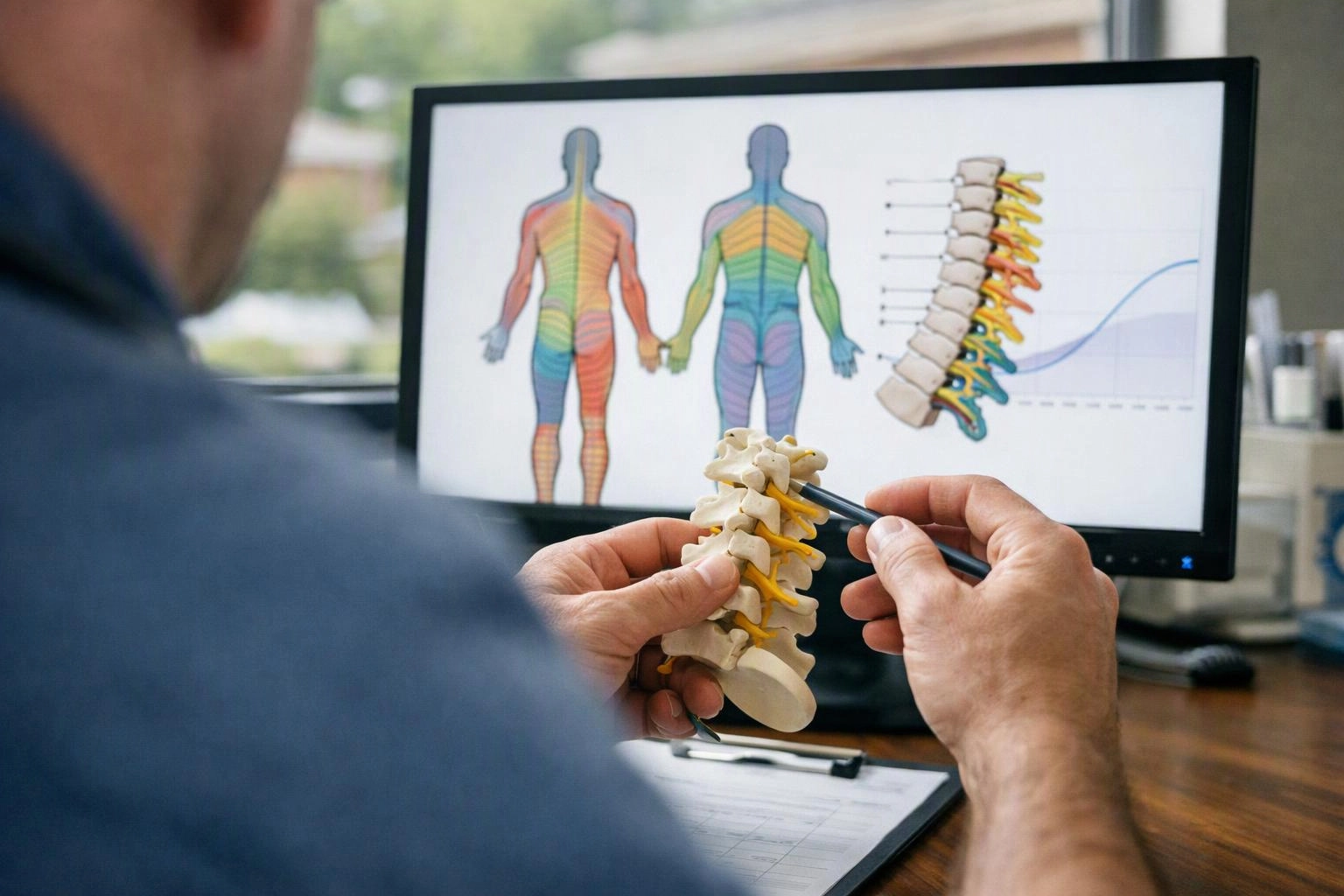 A person examines a spine model beside a computer screen showing anatomy diagrams and a spinal curve chart
