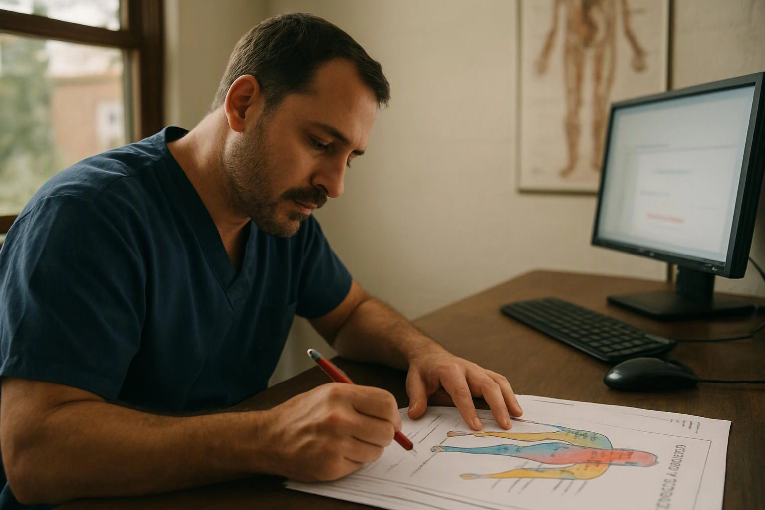 A man in scrubs writes on a printed body diagram at a desk beside a computer monitor
