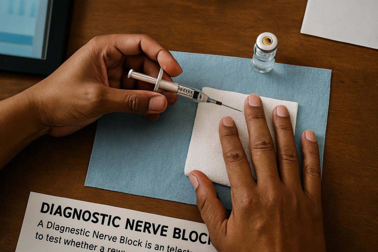 Hands hold a syringe near a bandaged finger on a table with a small vial and diagnostic nerve block paper