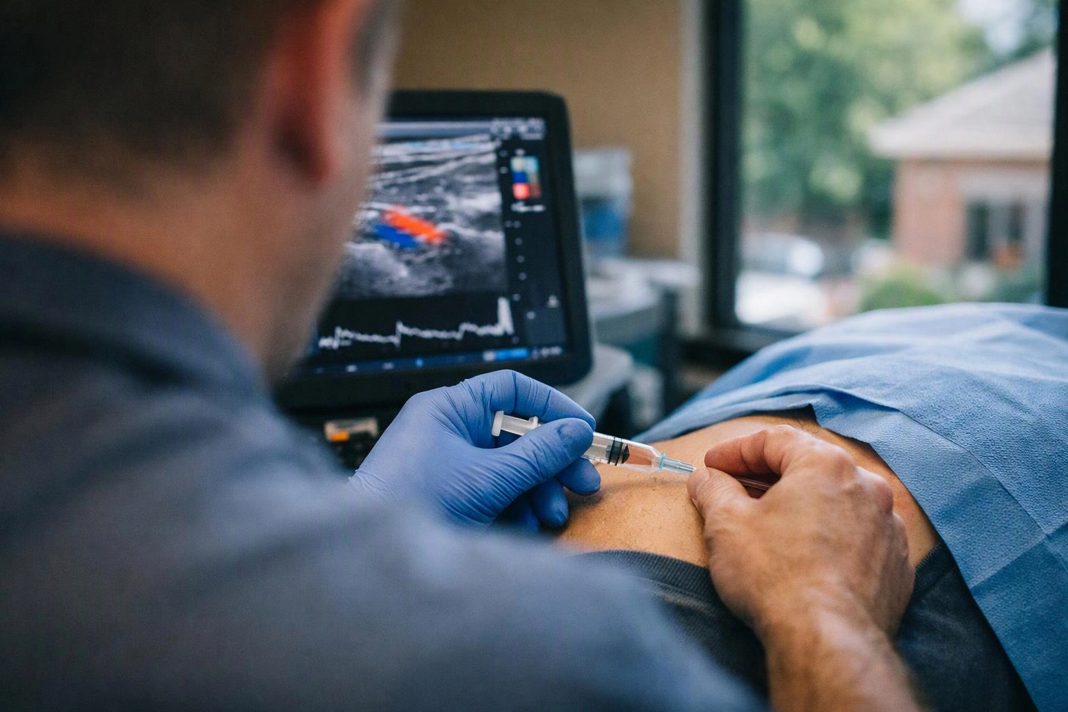A gloved clinician guides a needle into a patient’s arm beside an ultrasound monitor in a bright room