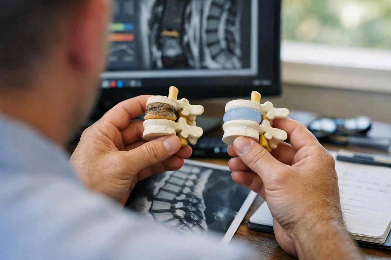 A person holds two spinal model pieces at a desk with X-ray images on a computer monitor