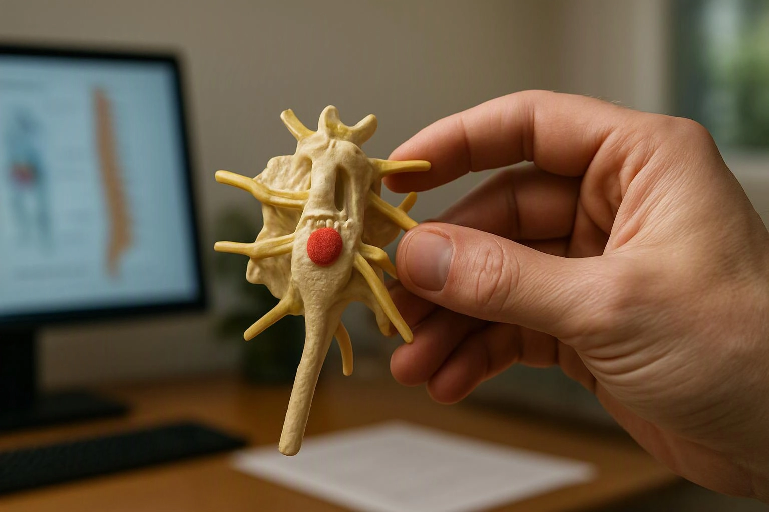 A hand holds a small spine-shaped model with a red disk in front of a blurred computer screen