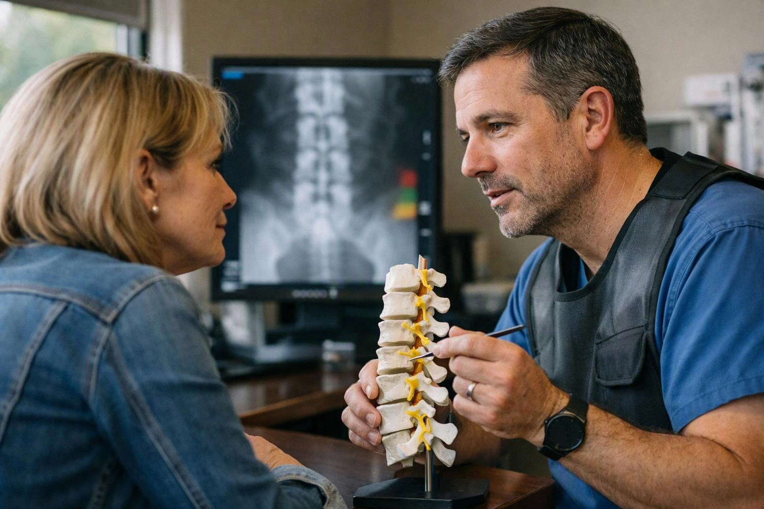 A doctor explains a spine model to a seated woman in a clinic office