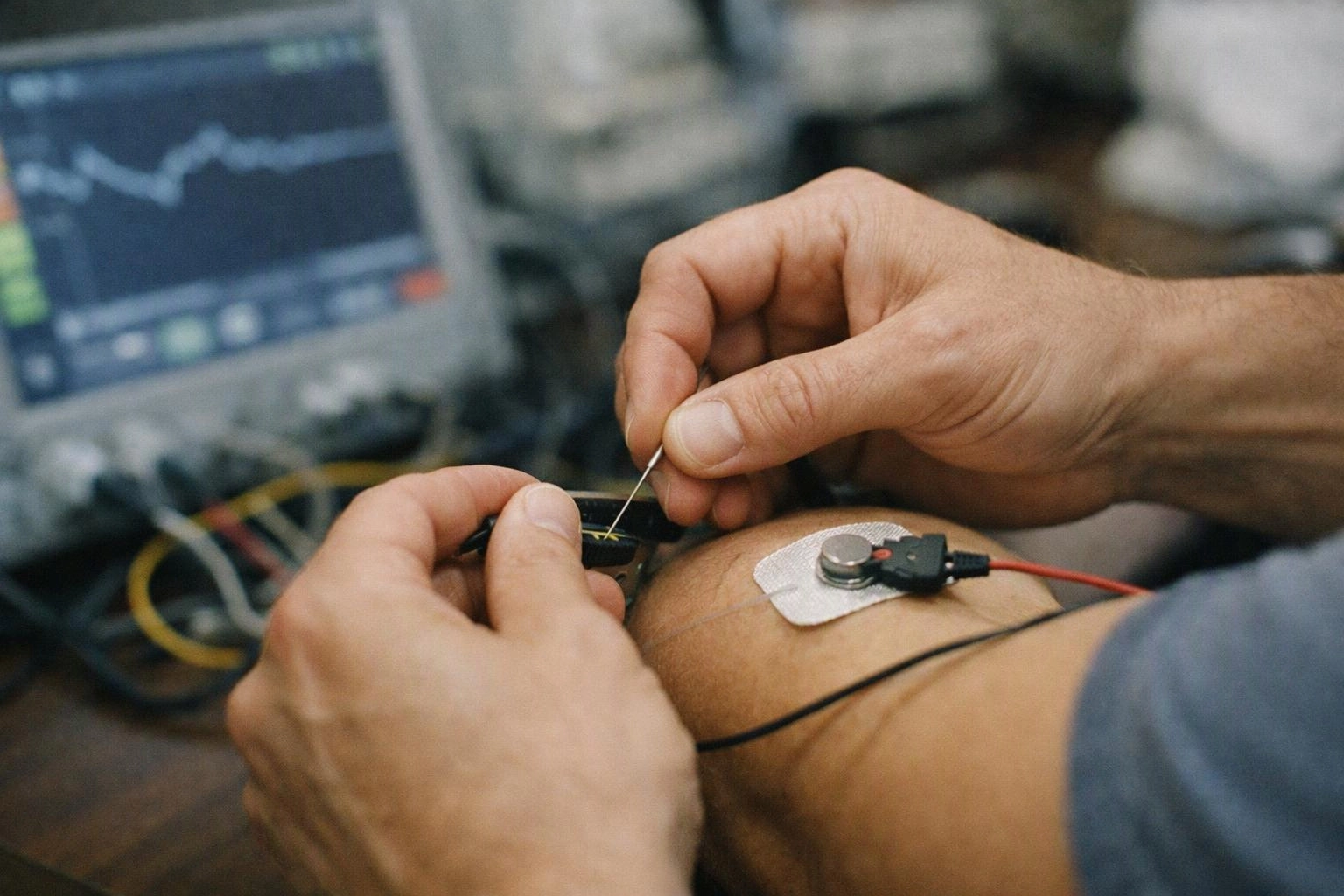 Hands adjust wires on a sensor attached to a bent arm beside a blurred monitor