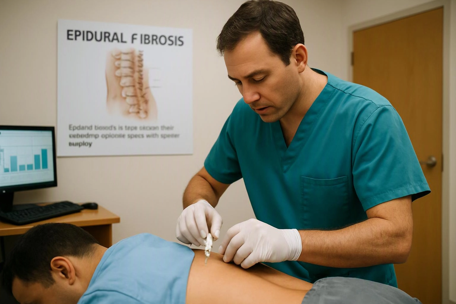 A clinician in teal scrubs injects a patient’s back in an exam room, with an epidural fibrosis poster behind him