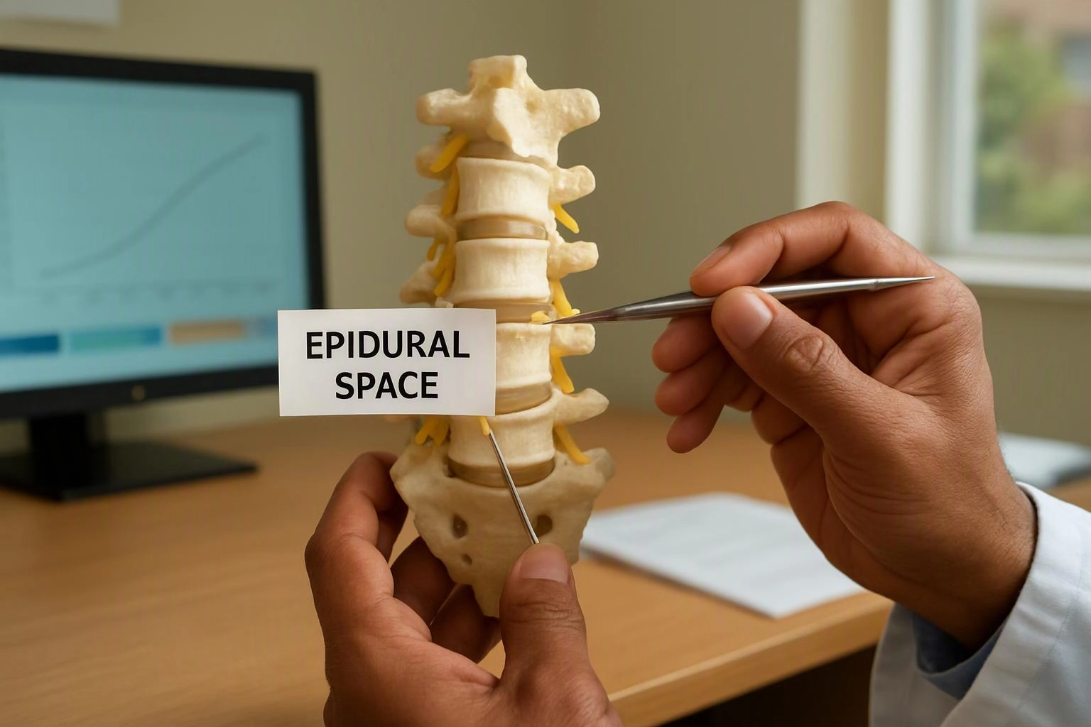 Hands point to a spine model on a desk, with a label reading “EPIDURAL SPACE”