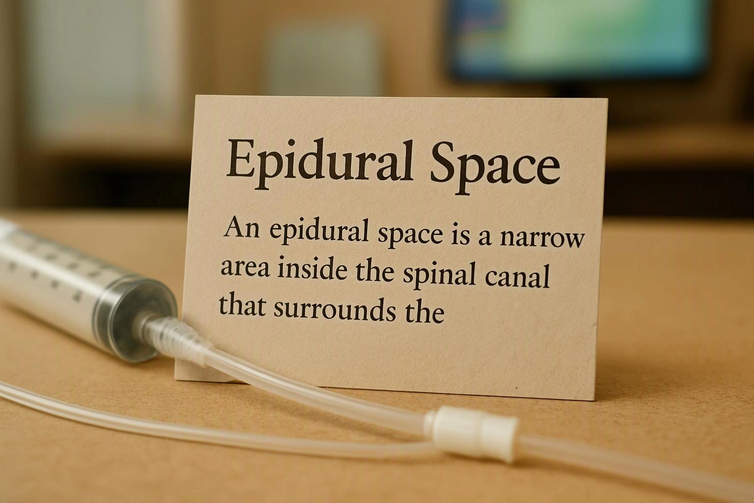 A syringe and clear tubing lie beside a card titled “Epidural Space” on a table