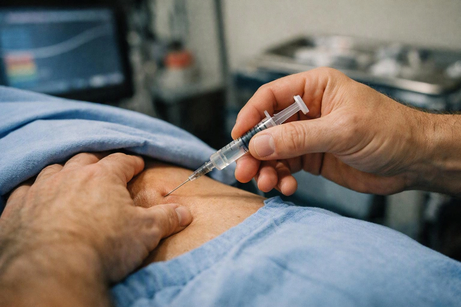 A hand inserts a syringe into a patient’s abdomen under a blue hospital drape