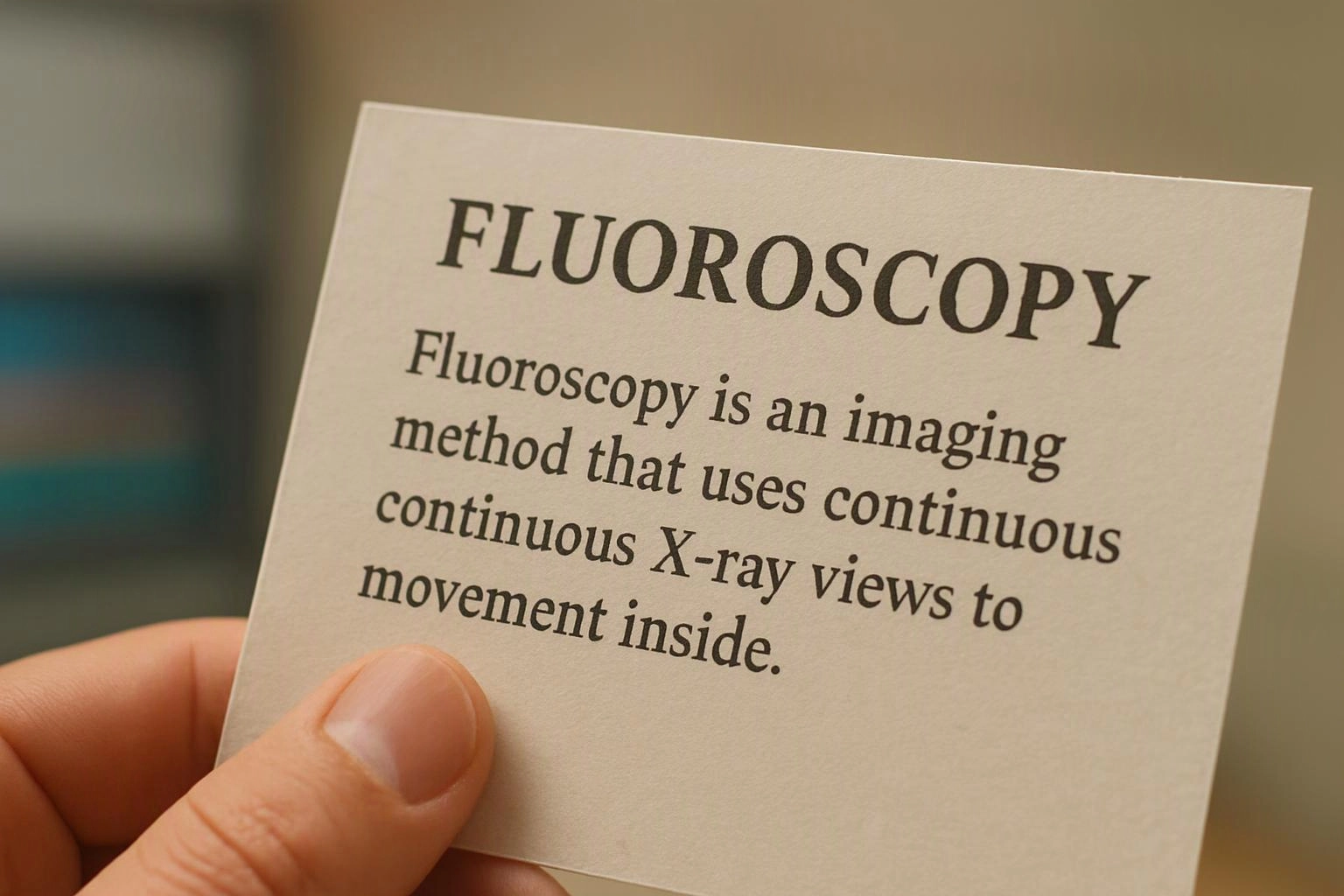 A hand holds a card reading “FLUOROSCOPY” with a short medical explanation, against a blurred indoor background