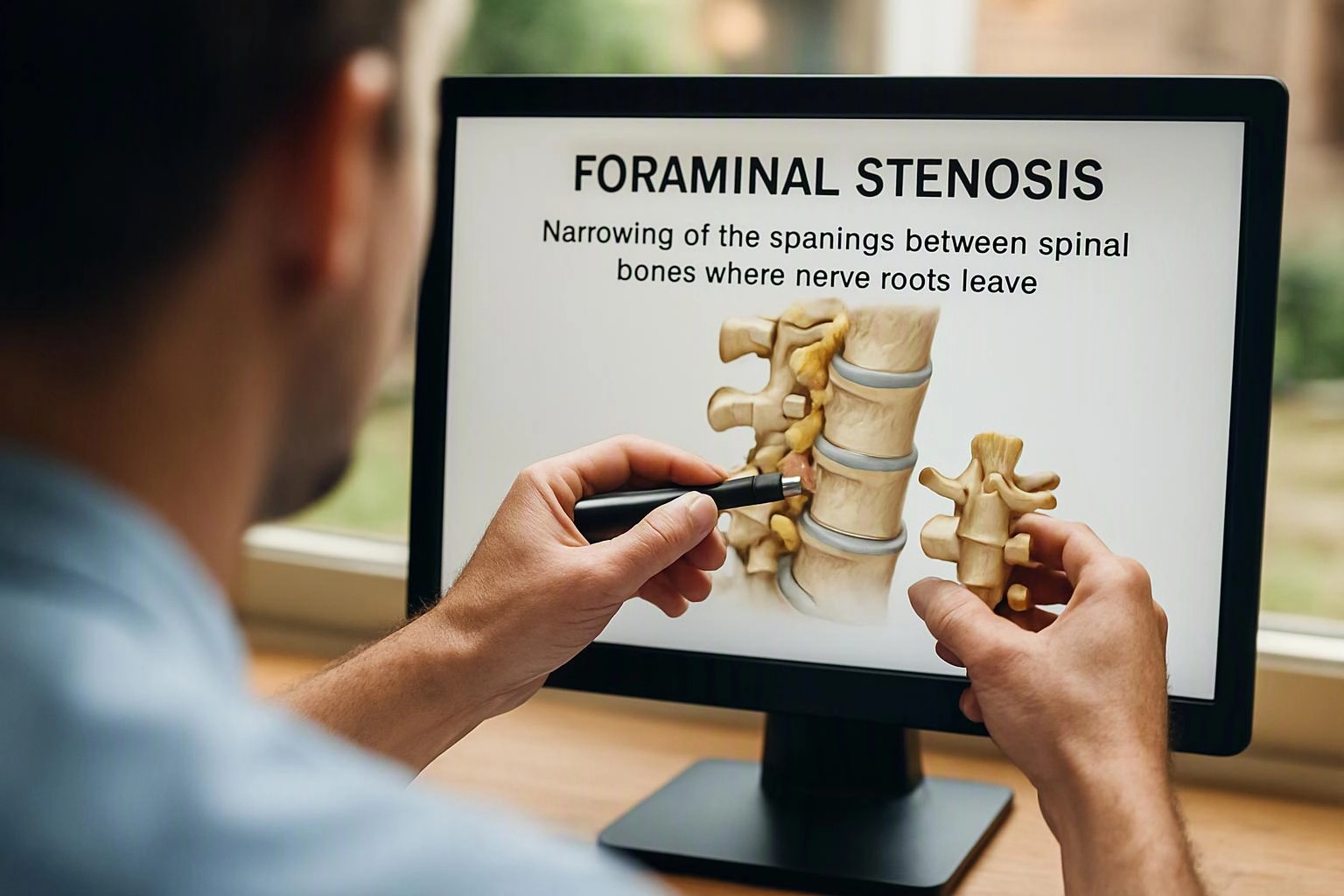 A person points at a monitor showing a spine diagram with the heading “FORAMINAL STENOSIS”