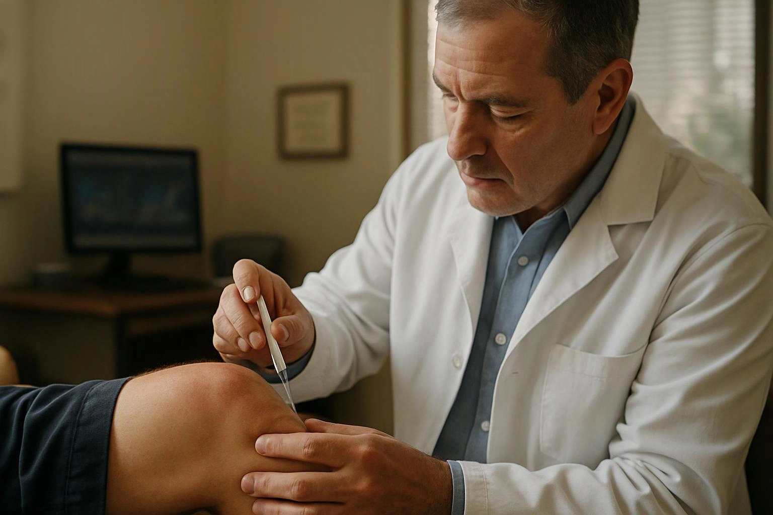 A doctor in a white coat injects a patient’s bent knee in a clinic room