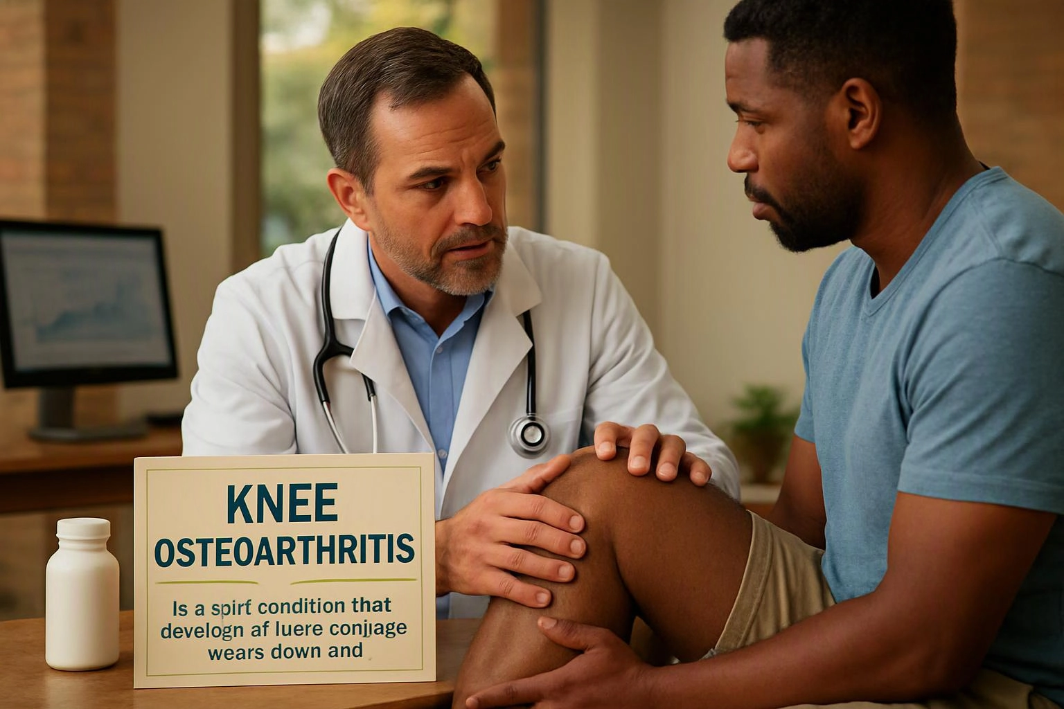 A doctor examines a man’s knee beside a sign reading “KNEE OSTEOARTHRITIS” in a clinic room