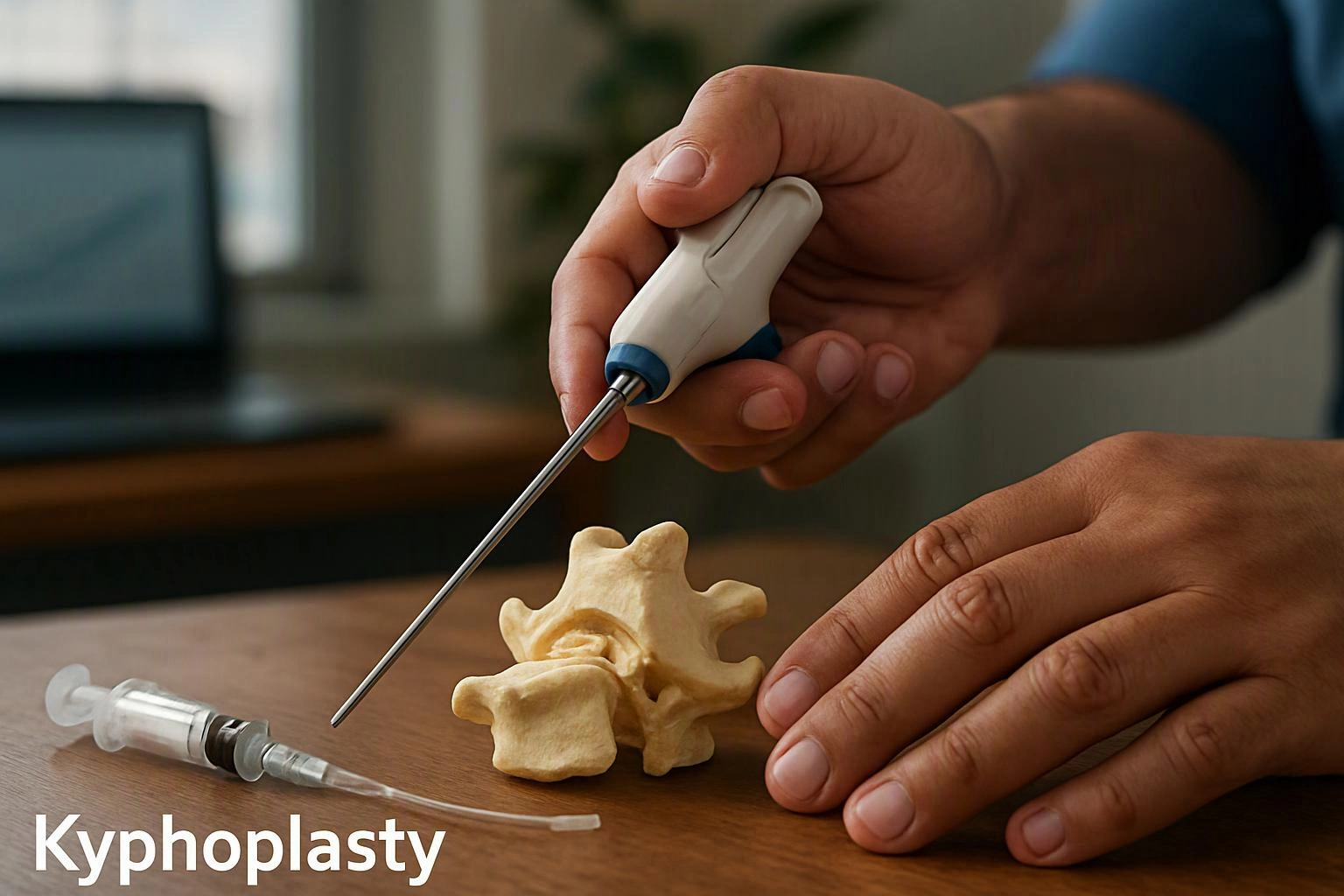 Hands hold a medical tool near a spine model on a table, with the word “Kyphoplasty” visible