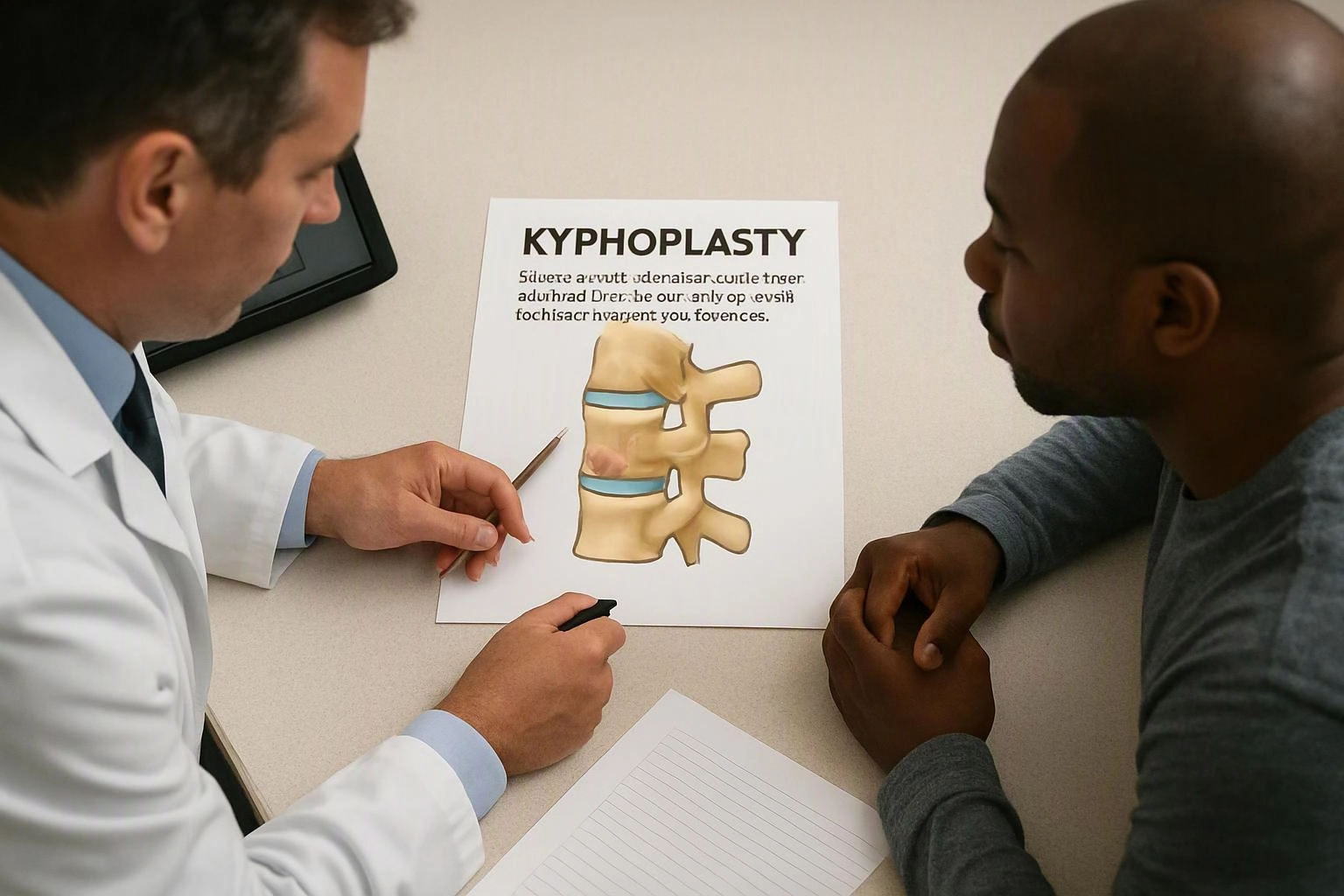 A doctor points at a kyphoplasty spine diagram while speaking with a seated patient at a table