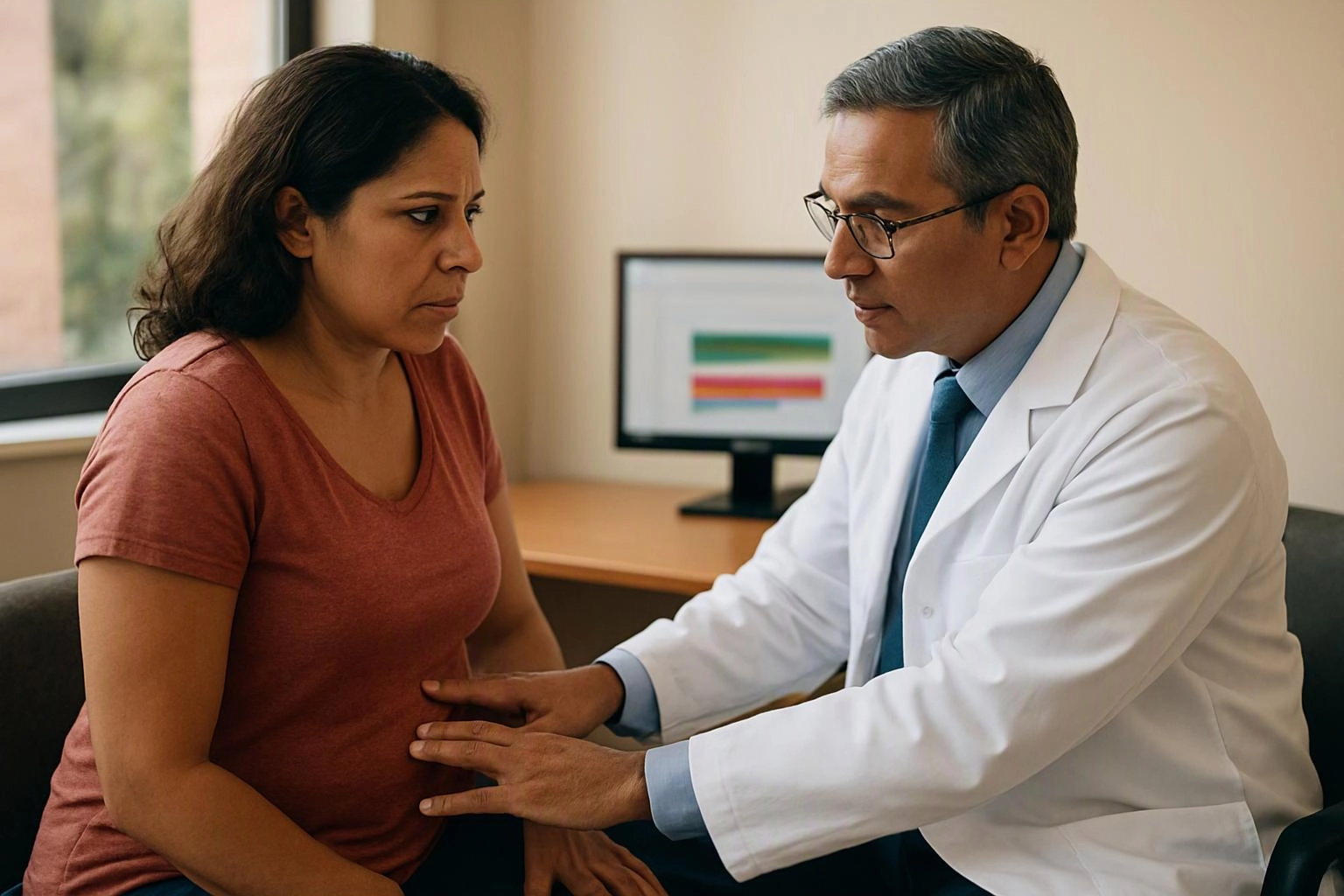 A doctor gently examines a woman’s abdomen in a quiet clinic room