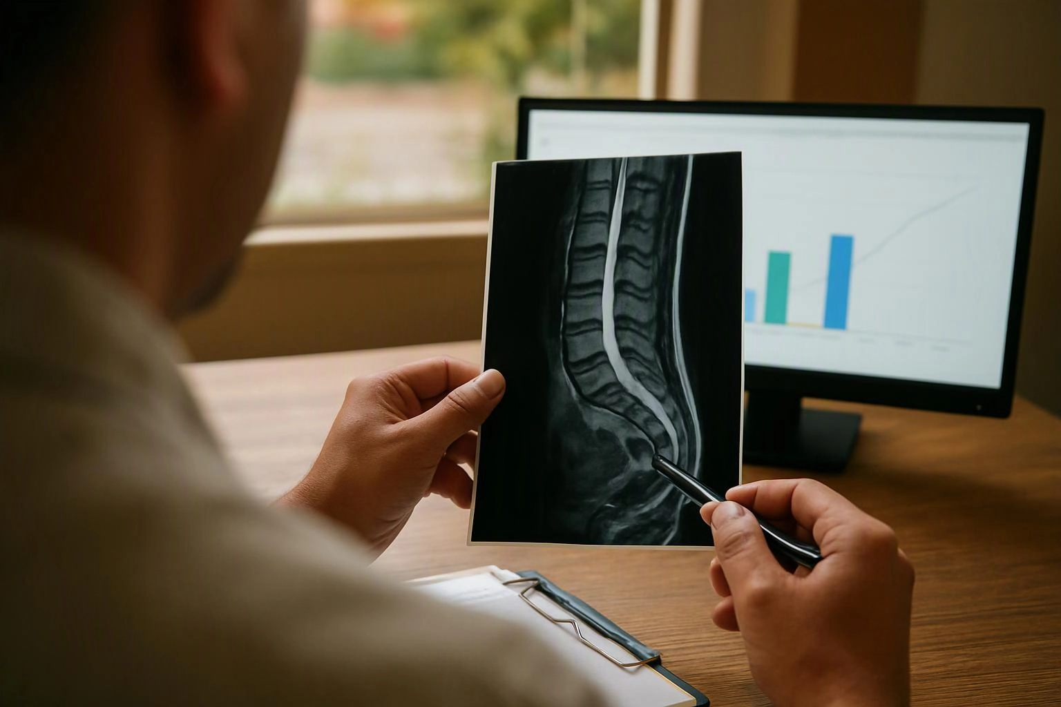 A person studies a spine X-ray on a desk, pointing at the image with a pen while a chart glows on a monitor behind it