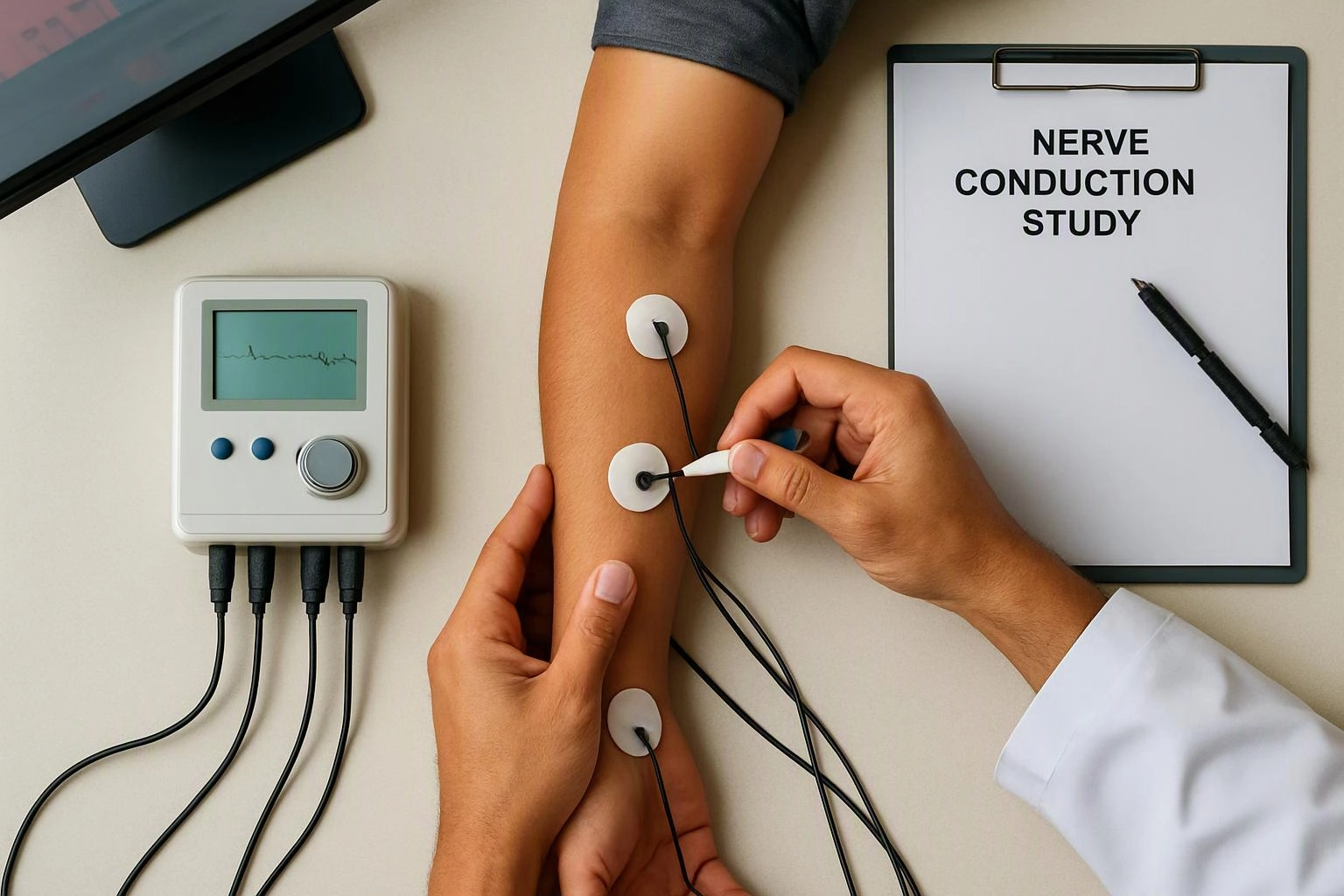 Doctor places electrodes on a patient’s arm during a nerve conduction study beside a monitor and clipboard