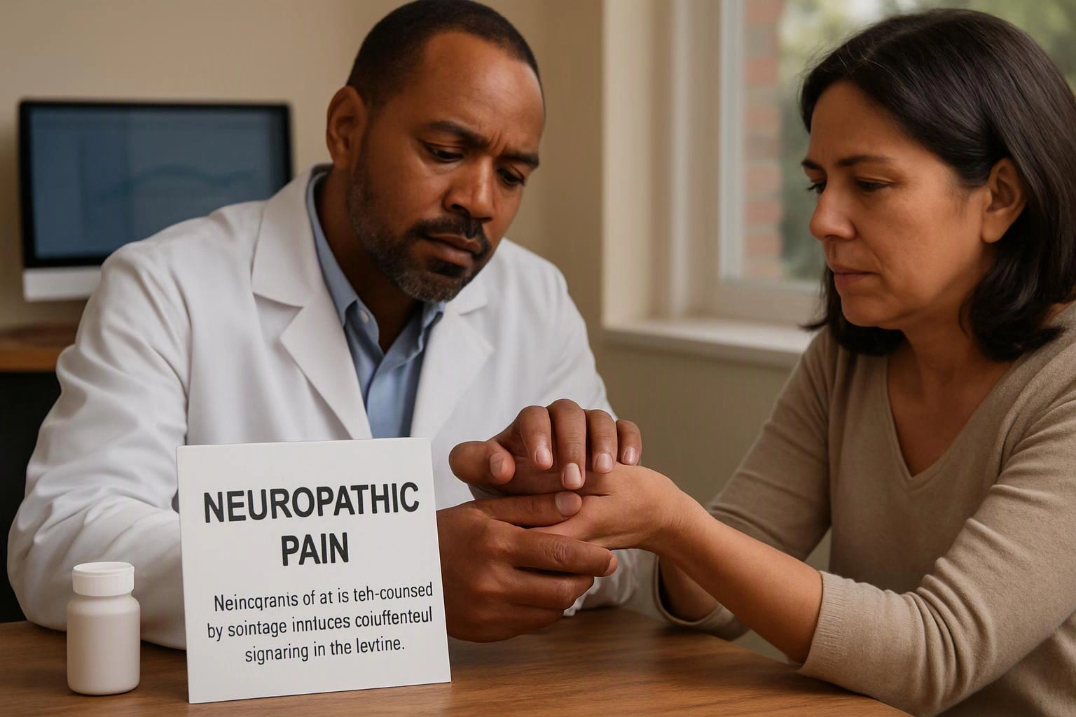Doctor examines a woman’s hand beside a sign reading “NEUROPATHIC PAIN” at a table