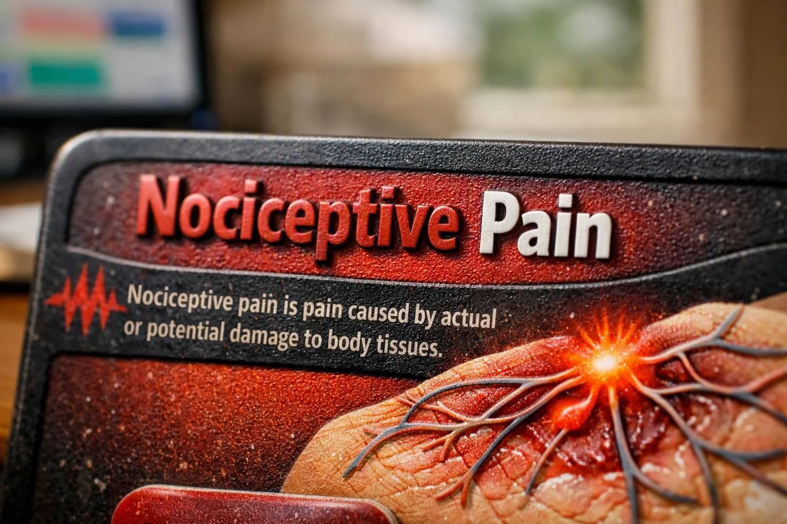 A medical poster shows the words “Nociceptive Pain” with a glowing nerve illustration on a hand-like surface