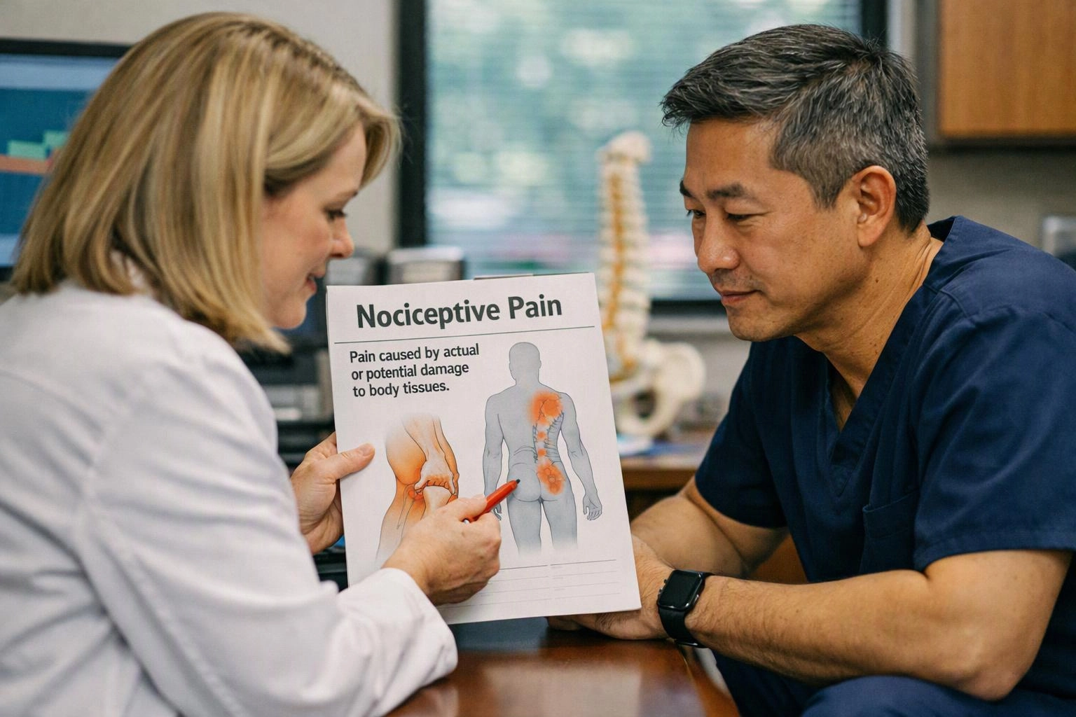 A doctor shows a pain chart to a seated man in a clinic office
