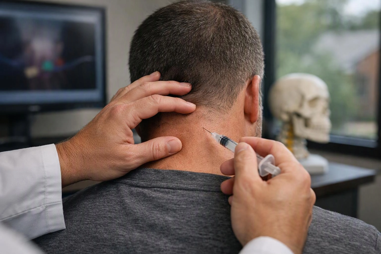 A clinician holds a man’s neck while preparing an injection, with a skull model and screen in the background