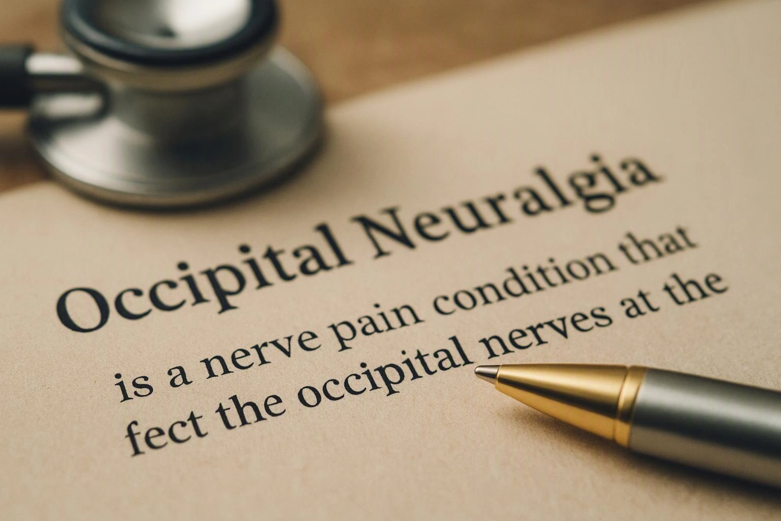 A pen points at a paper document about occipital neuralgia beside a stethoscope on a desk