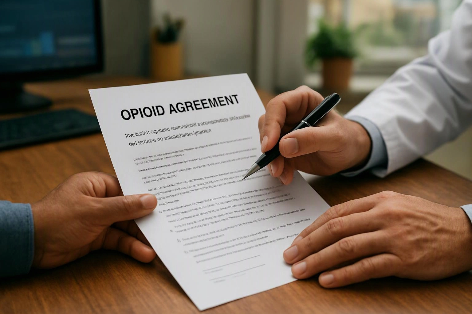 A doctor points to an opioid agreement form while another person holds it across a wooden desk