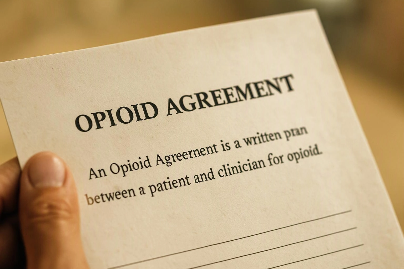 A hand holds a paper titled “OPIOID AGREEMENT” with printed text on a warm blurred background