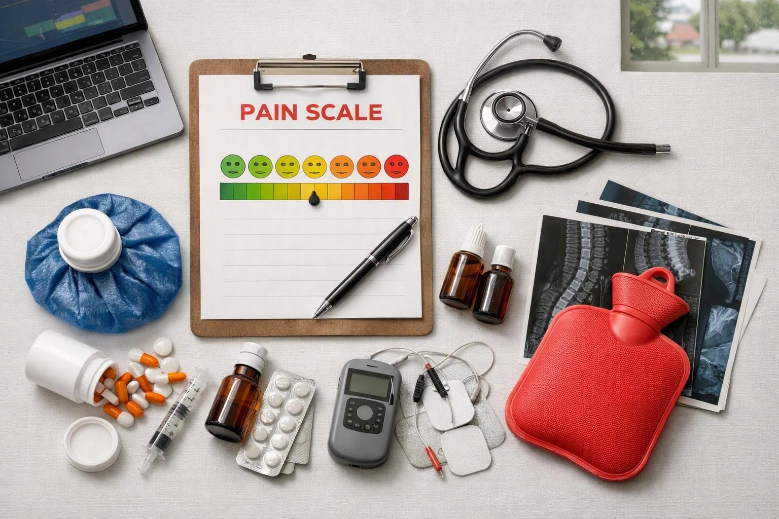 Medical supplies surround a clipboard labeled pain scale on a white tabletop