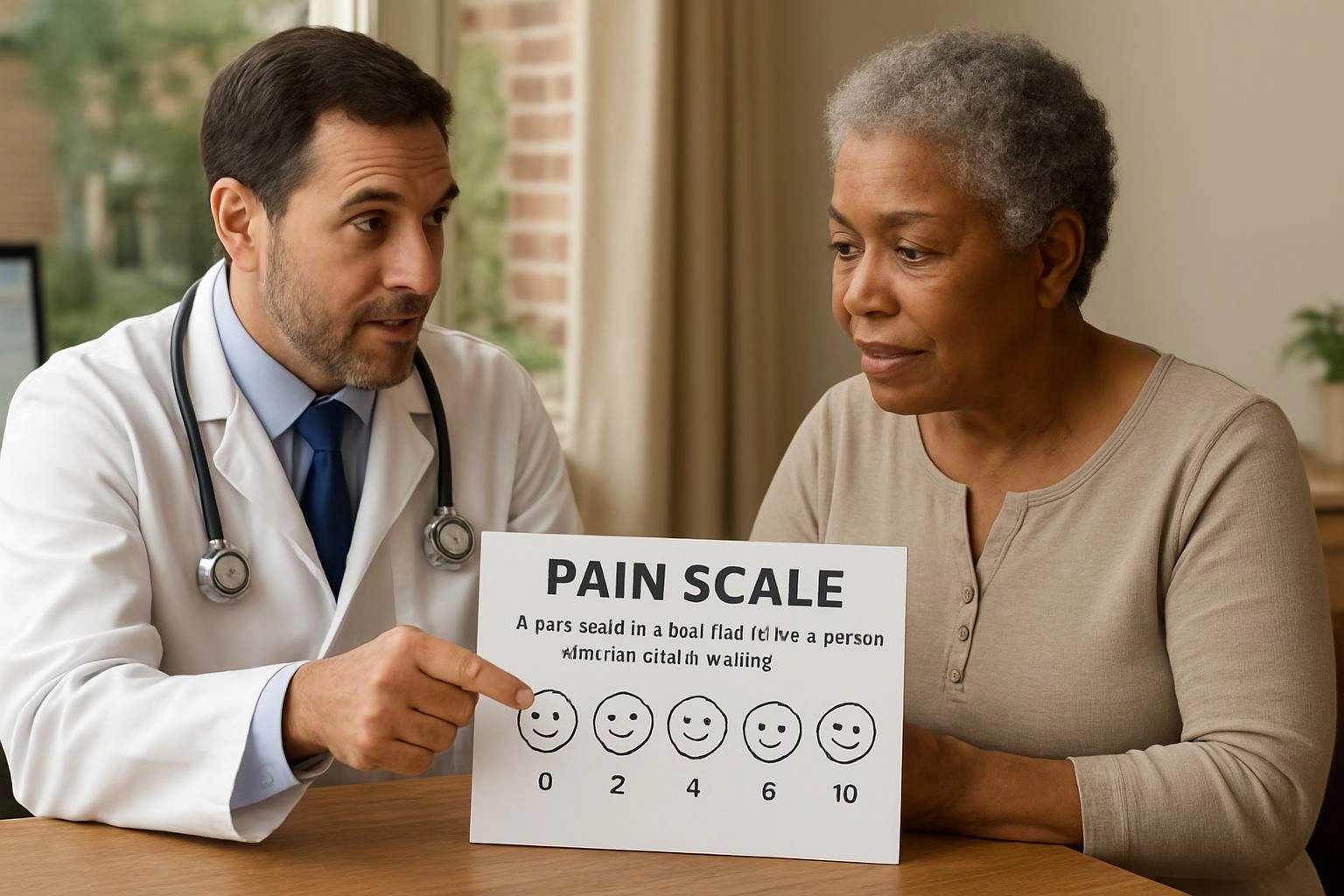 A doctor points to a pain scale card while speaking with an older woman at a table