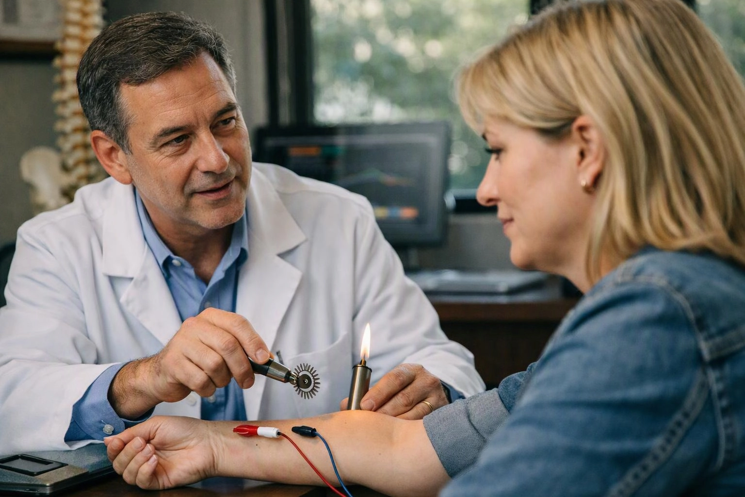 A doctor in a white coat tests a woman’s arm with a small wheel and a lit candle in a clinic
