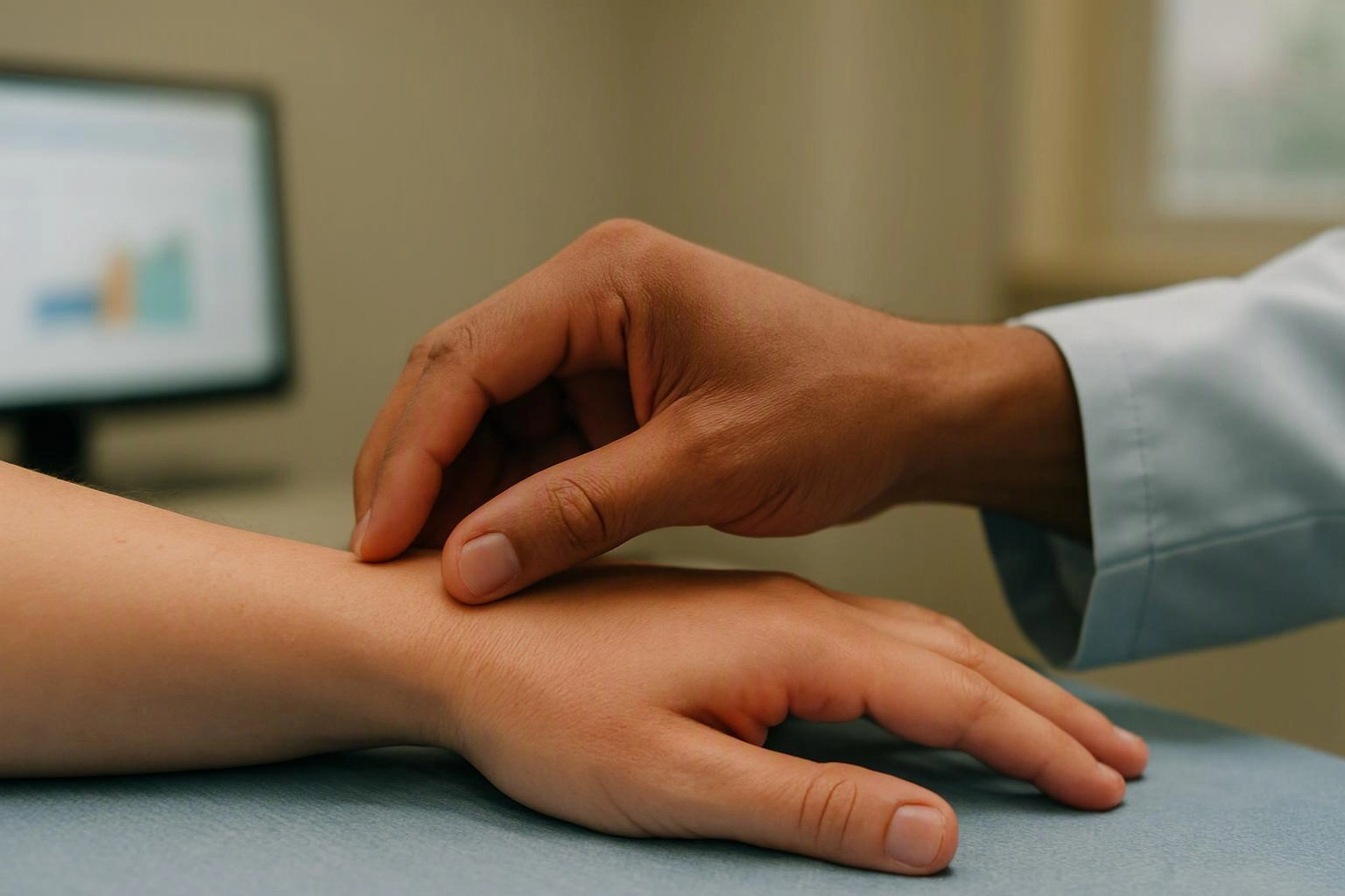 A clinician gently checks a patient’s wrist on a table in a medical room