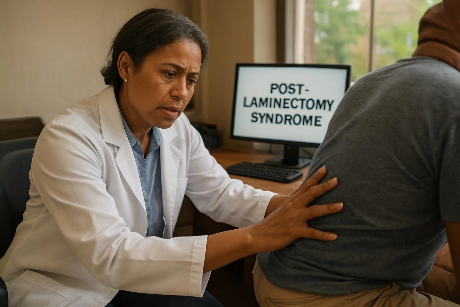A doctor in a white coat examines a seated patient’s back beside a monitor reading “POST-LAMINECTOMY SYNDROME”