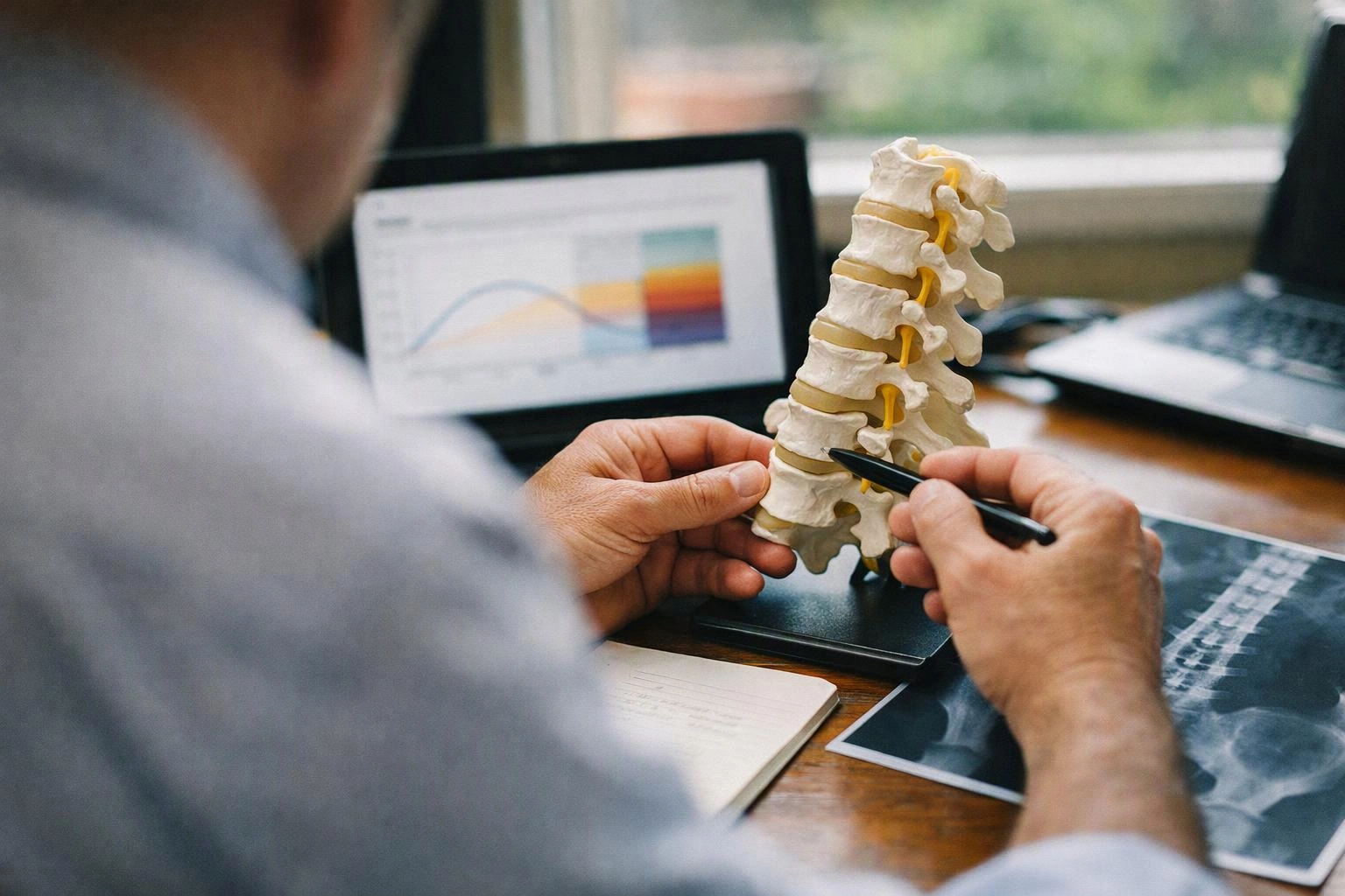 A person studies a spine model with a pen beside a laptop and X-ray images on a desk