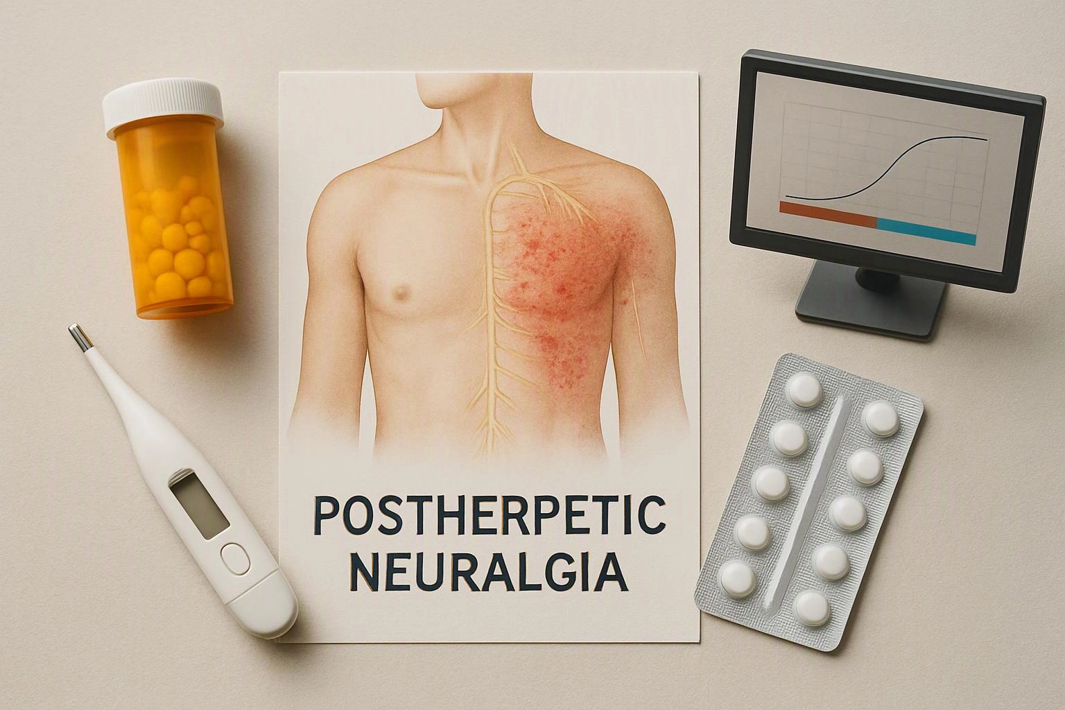 Medical items surround a poster showing a torso rash labeled postherpetic neuralgia